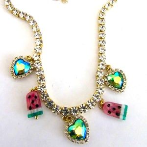 New Betsey Johnson Gold Tone Watermelon Popsicle Rhinestone Heart Necklace